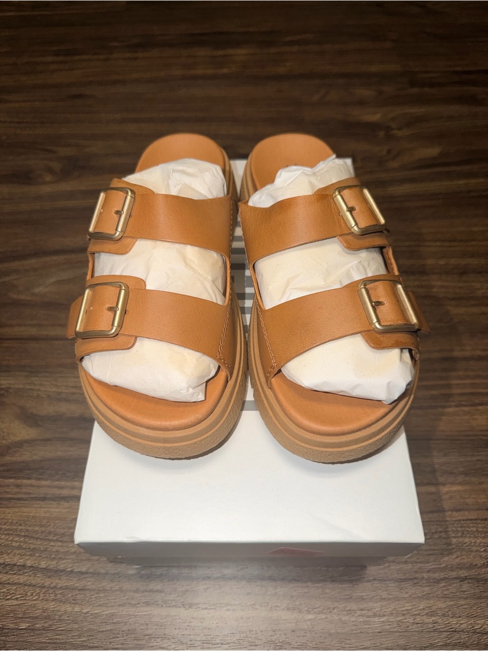Cougar Tan Double-Buckle Platform Sandals - Picture 1 of 5